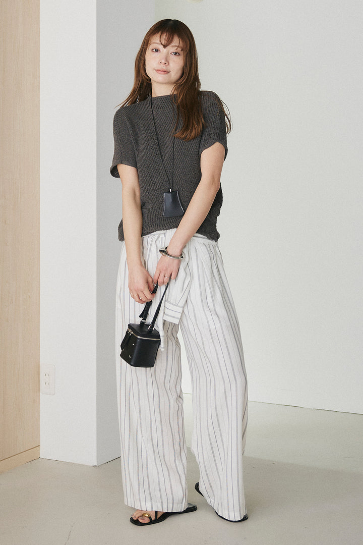 [SET]フレンチリブニットプルオーバー+ウエスト巻きピンストライプパンツ(2set)