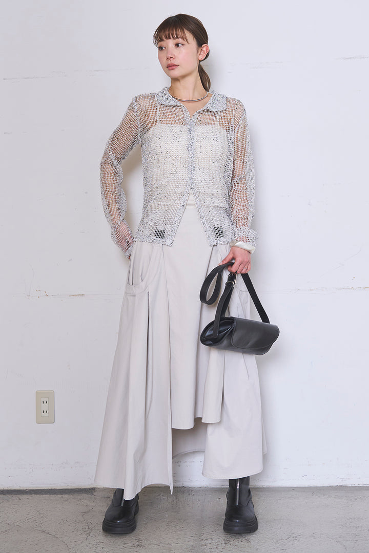 [SET]ネップメッシュポロ襟カーディガン+ラップレイヤードアシンメトリーデザインスカート(2set)