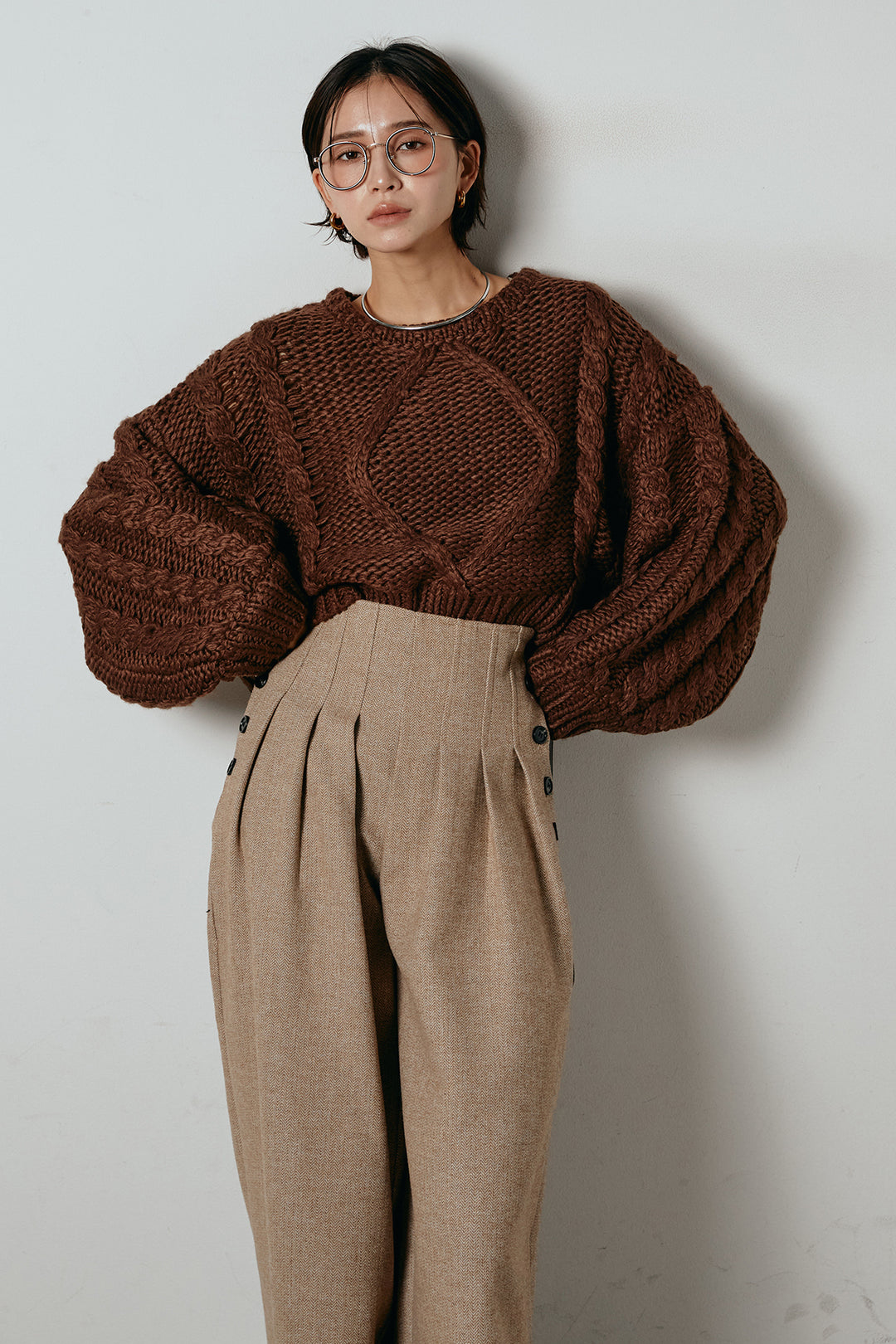 [SET]ロービングケーブルショート丈プルオーバー+サイドボタンツイードタックパンツ(2set)