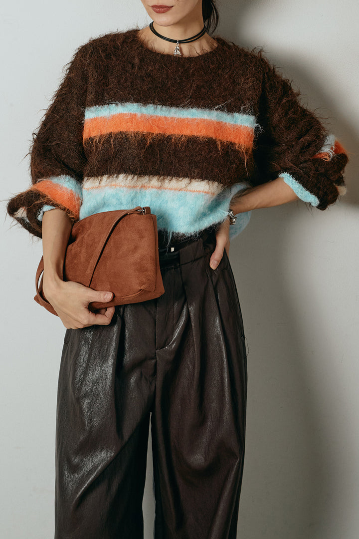 [SET]起毛配色マルチボーダーニットトップス+ベルト付きレザーライクタックパンツ(2set)