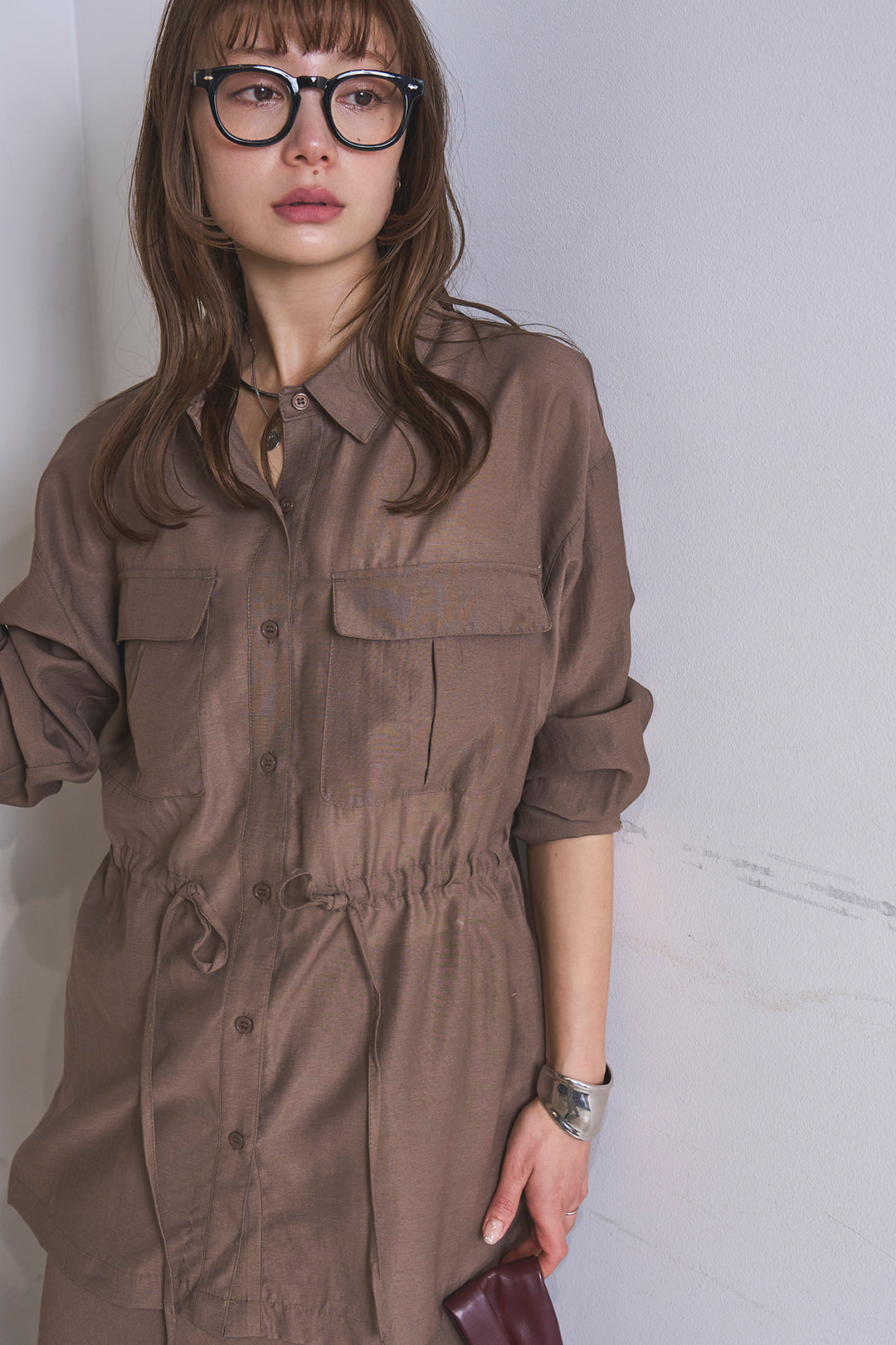 [SET]リネンブレンドシアーサファリシャツ+リネンブレンドロングナロースカート(2set)