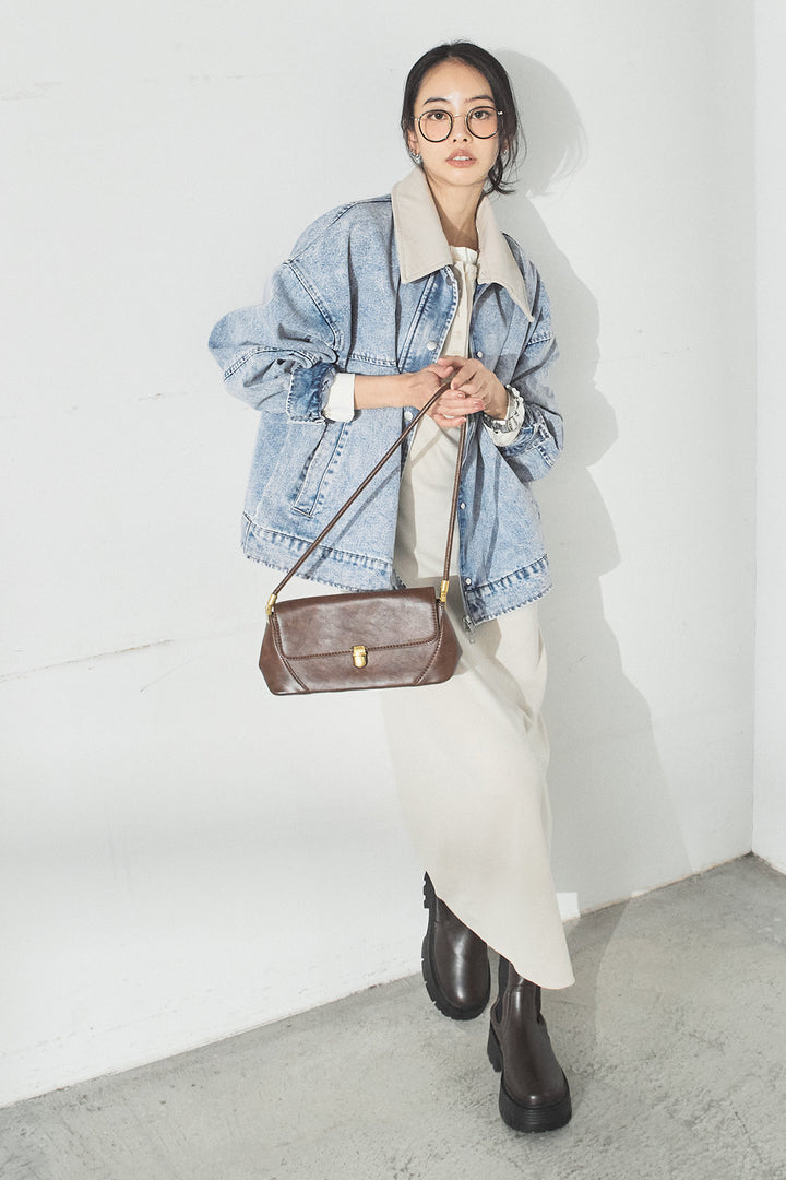 [SET]加工デニムレザー襟付きデニムブルゾン+カットリブレイヤードヘンリーネックワンピース(2set)