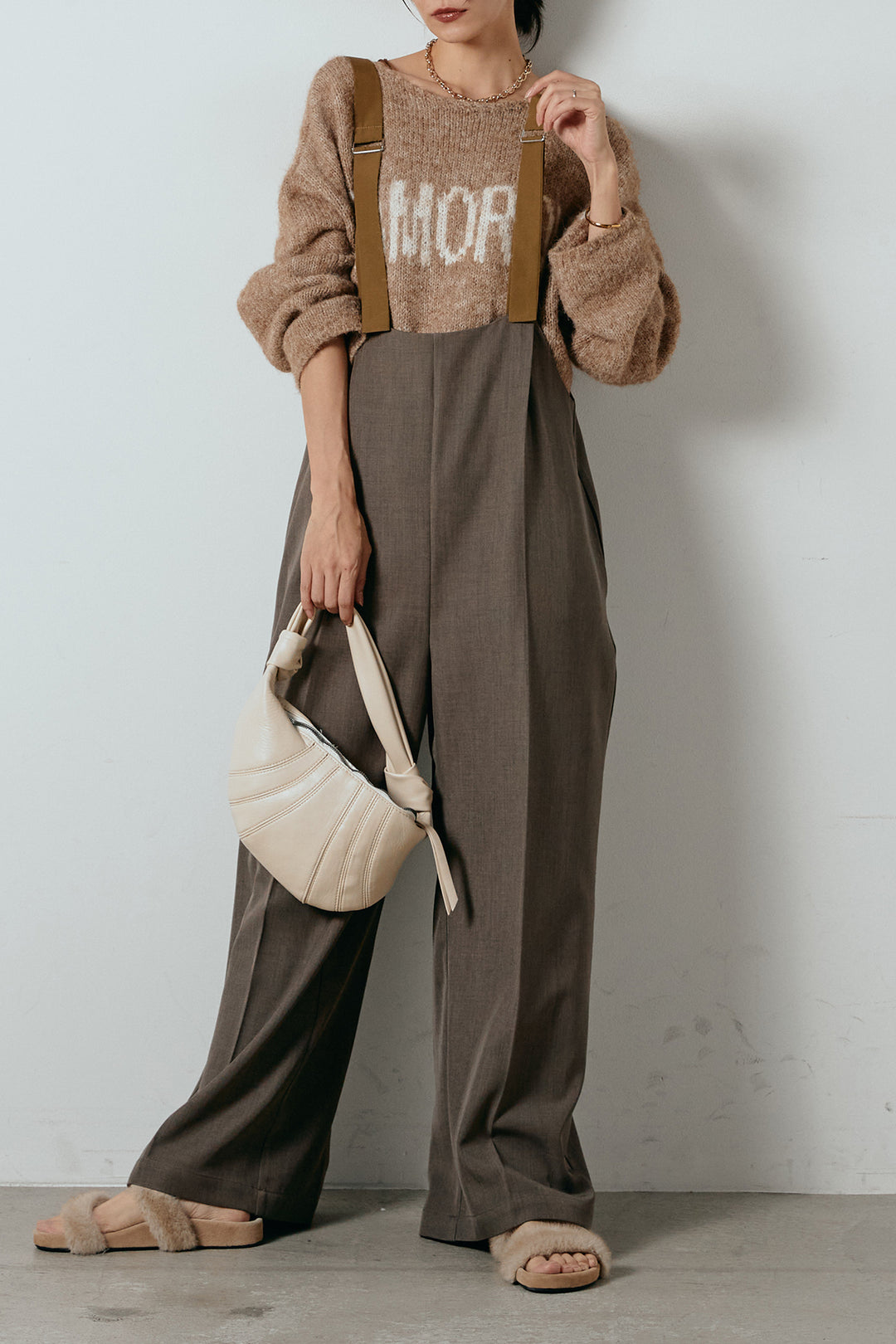 [SET]フロントロゴデザインニットトップス+ワイドツイルサロペット(2set)