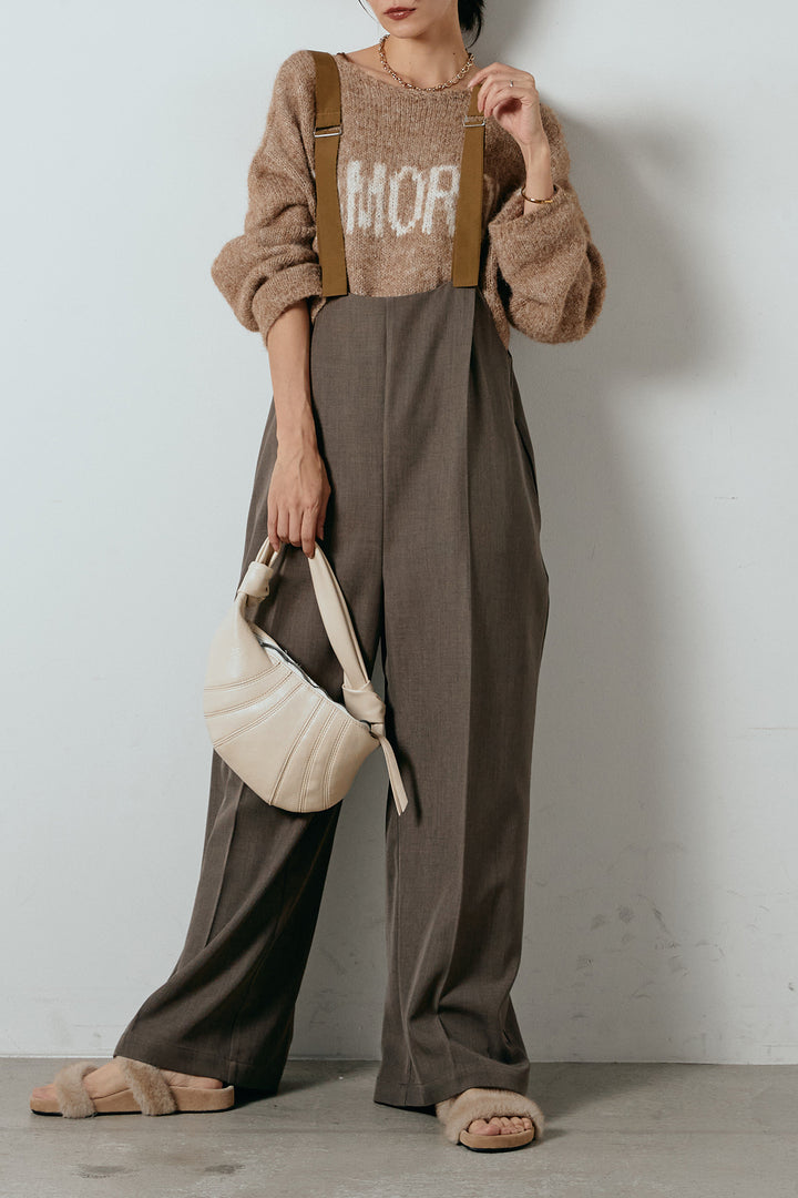 [SET]フロントロゴデザインニットトップス+ワイドツイルサロペット(2set)