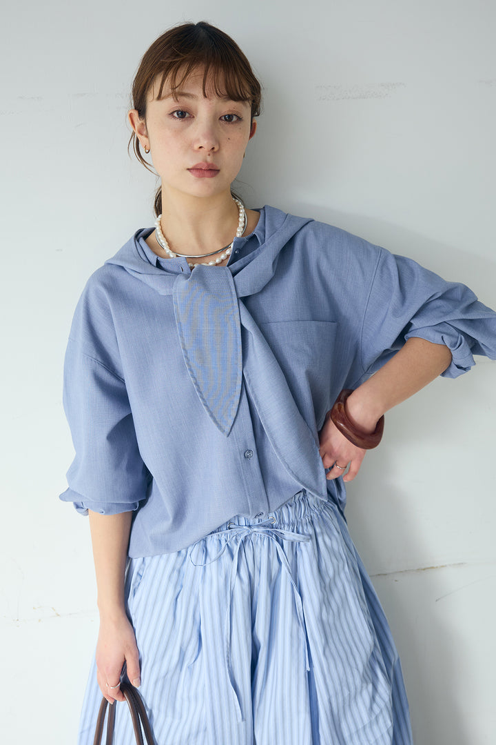 [SET]無地タイ付フーディーBIGシャツ+ランダムストライプタックギャザーパンツ(2set)