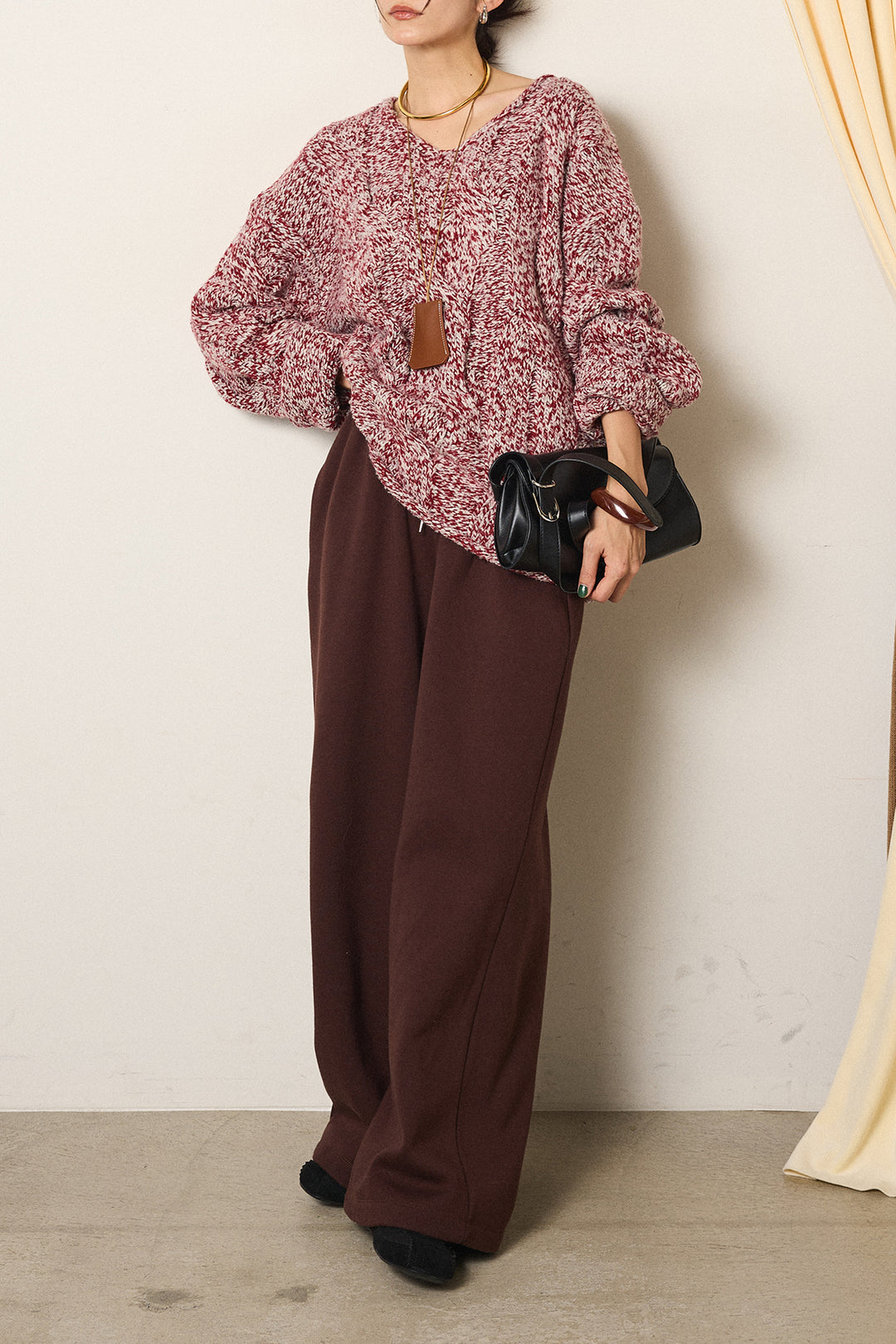 [SET]Vネックミックス編みニットトップス+裏起毛スウェットワイドパンツ(2set)