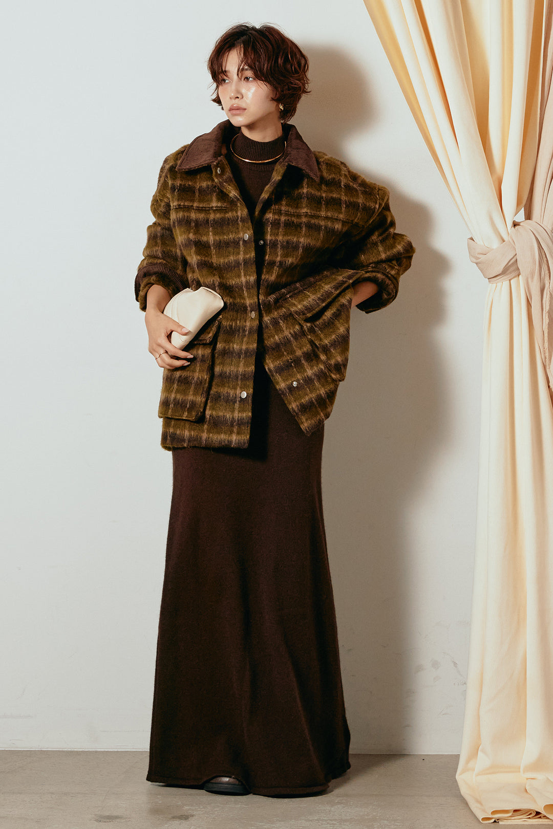 [SET]チェックシャギーミドルカバーオール+ノースリーブニットロングワンピース(2set)