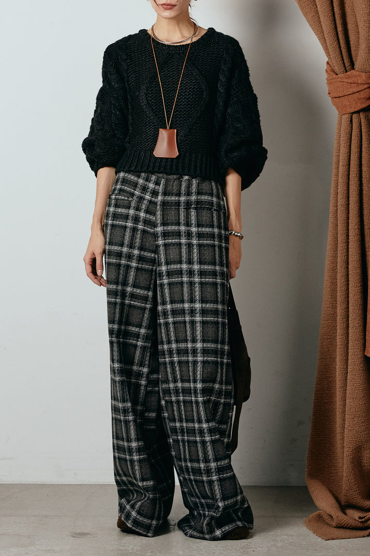 [SET]ロービングケーブルショート丈プルオーバー+ルーズタータンチェックワイドパンツ(2set)