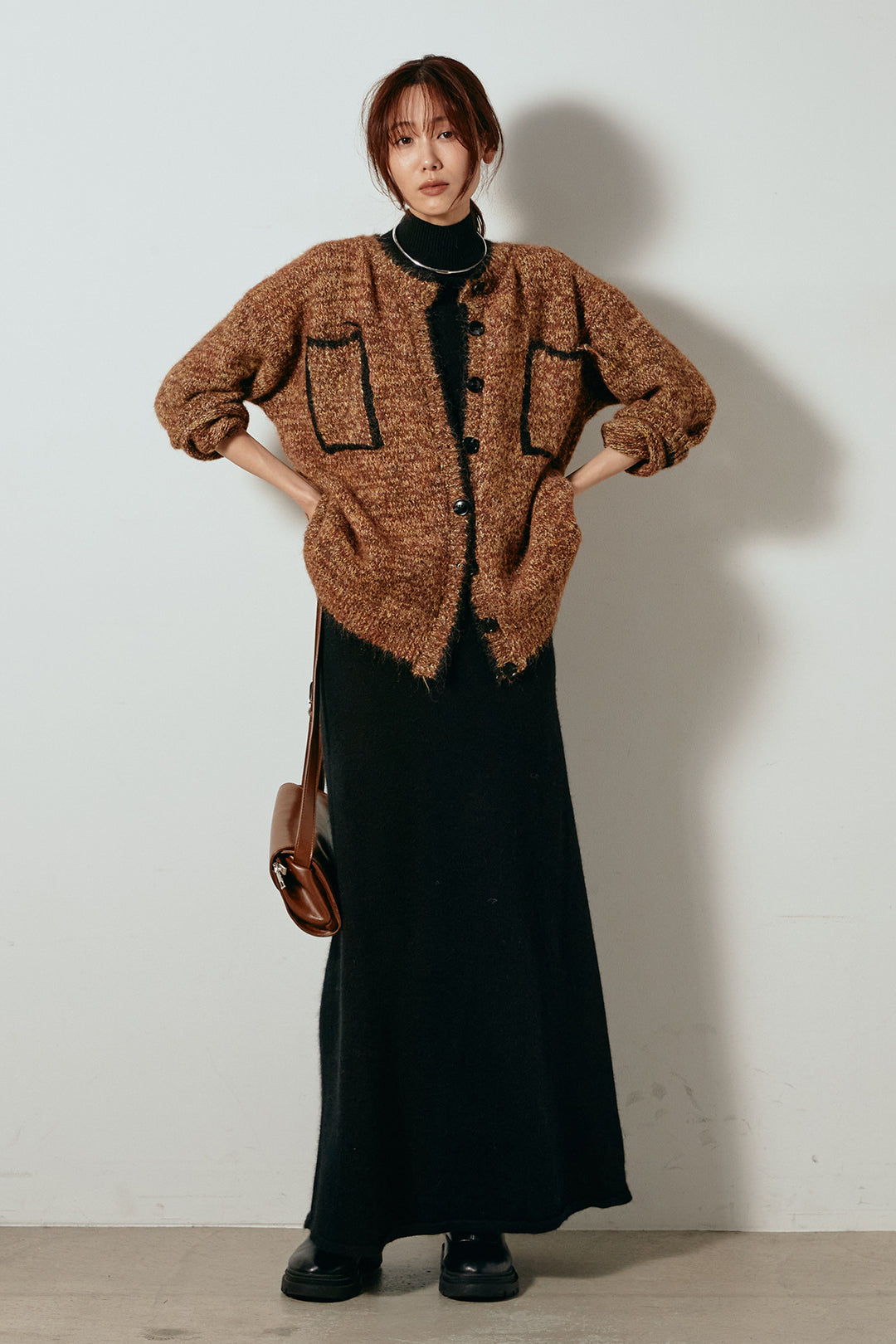 [SET]ミックスニットポケットカーディガン+ノースリーブニットロングワンピース(2set)