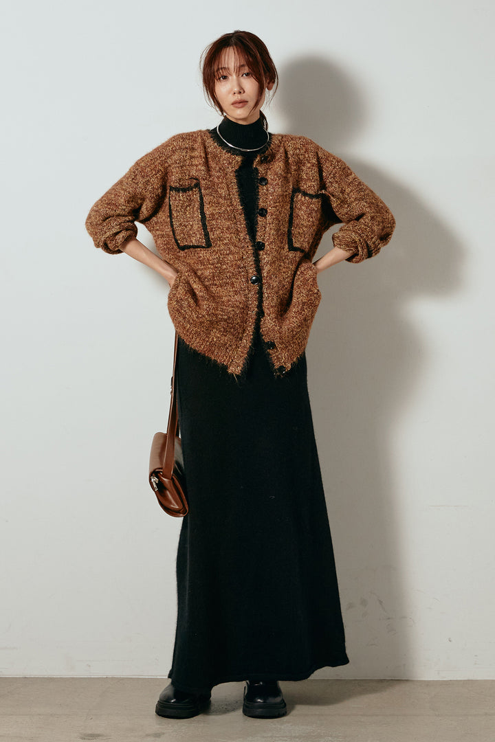 [SET]ミックスニットポケットカーディガン+ノースリーブニットロングワンピース(2set)