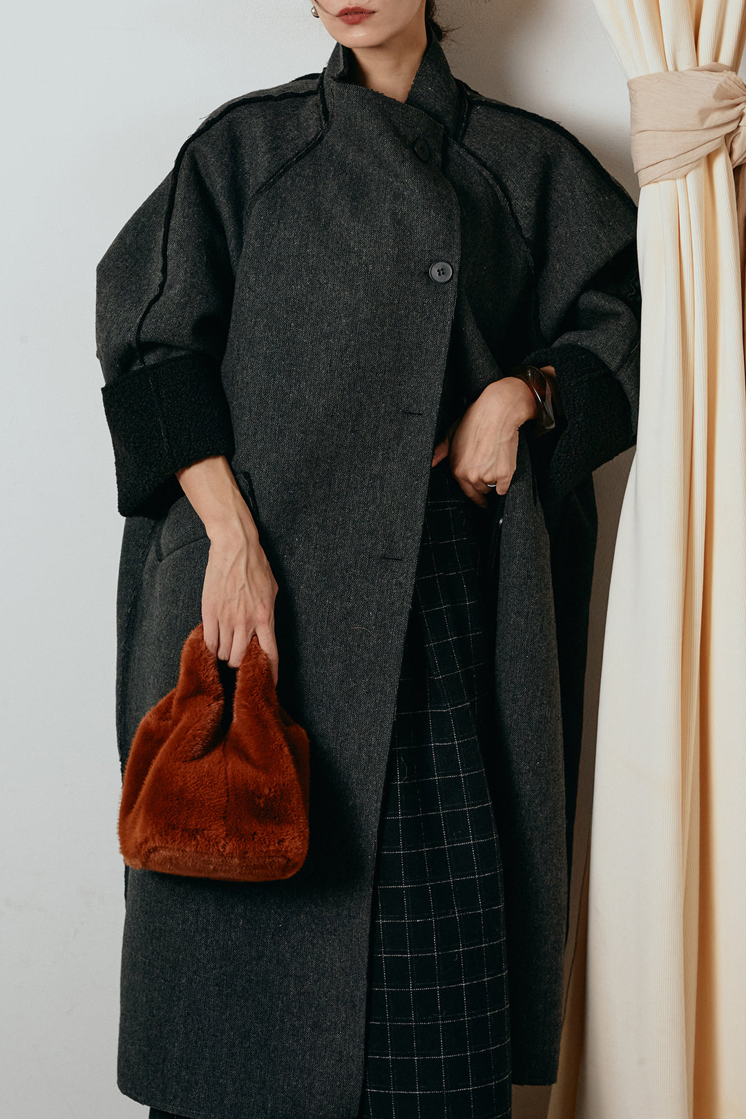 [SET]裏地ボアハイネックロングアウター+ウールライクチェックタックパンツ(2set)