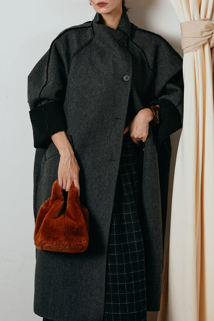 [SET]裏地ボアハイネックロングアウター+ウールライクチェックタックパンツ(2set)