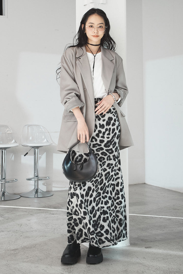 [SET]ルーズシルエットダブルテーラードジャケット+ストレッチロングTシャツ+レオパードサテンナロースカート(3set)