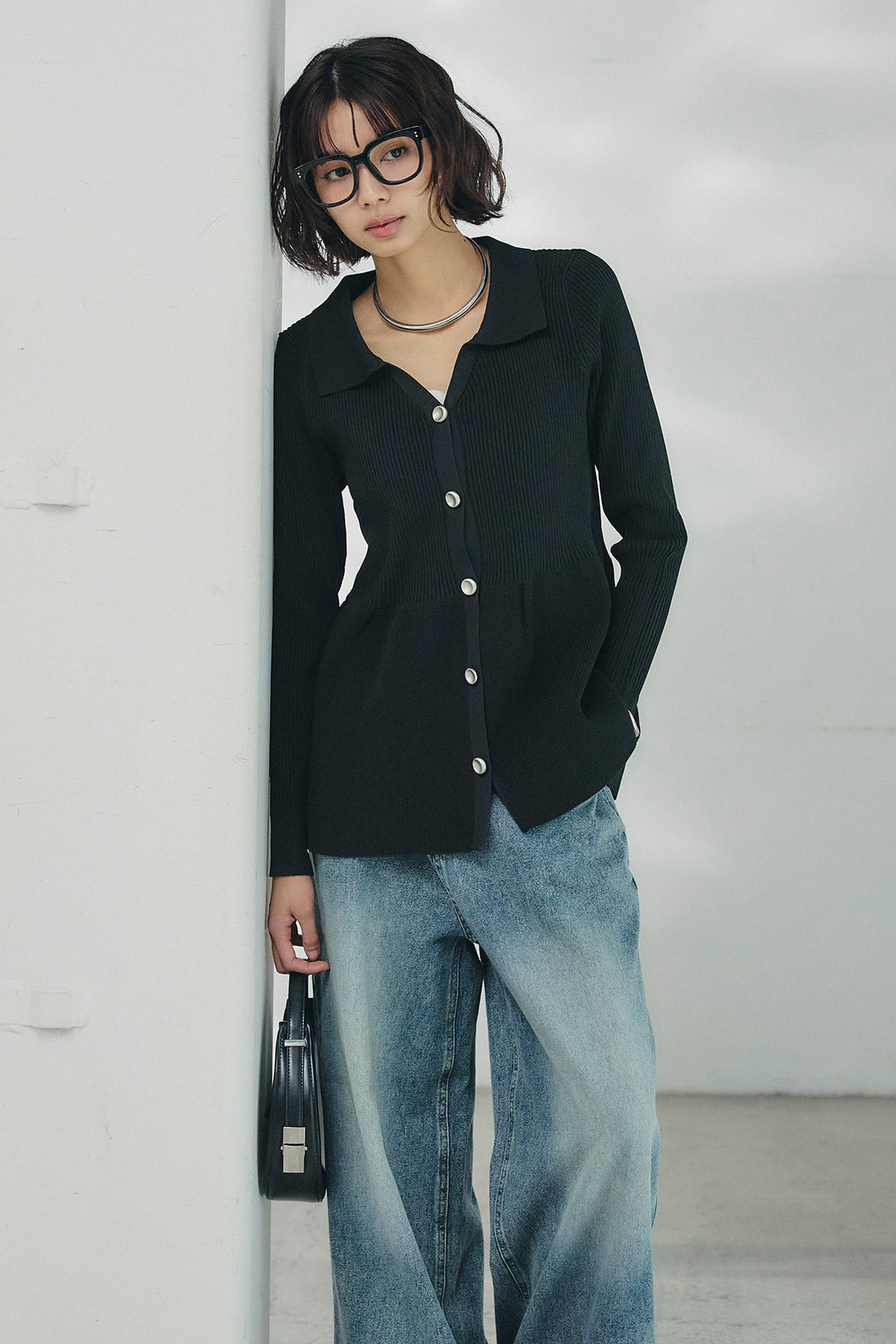 [SET]スキッパーペプラムニット+ウエスト裁ち切りデニムワイドパンツ(2set)