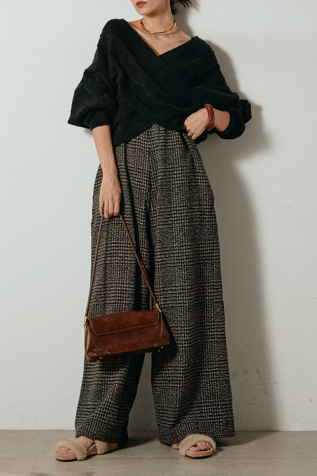 [SET]ケーブルカシュクールニットトップス+前後2wayグレンチェック柄スカーチョサロペット(2set)