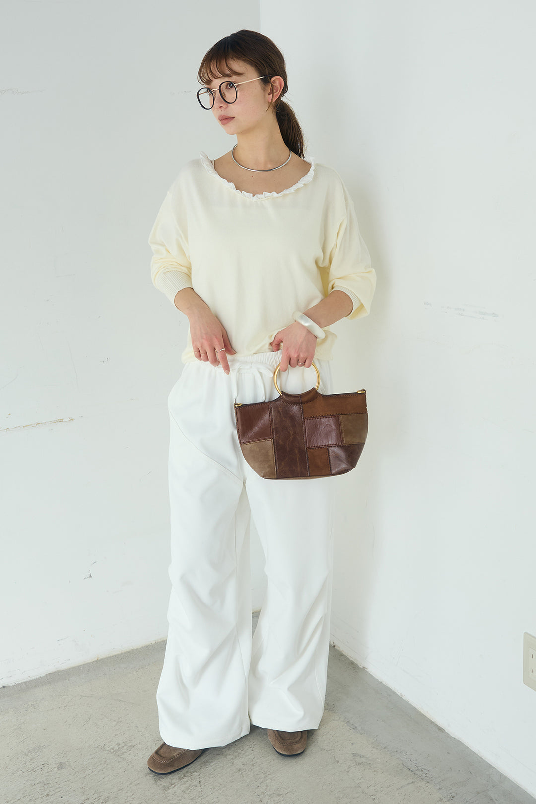 [SET]クールクール異素材コンビオフショルプルオーバー+ランダムタックデザインワイドパンツ(2set)