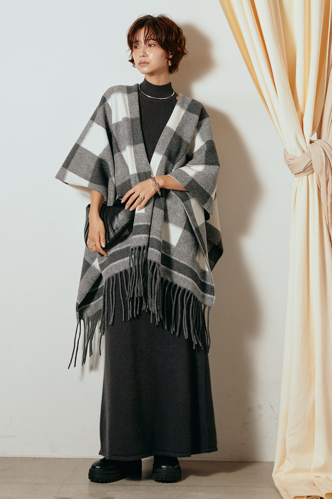 [SET]裾フリンジ柄ポンチョアウター+ノースリーブニットロングワンピース(2set)
