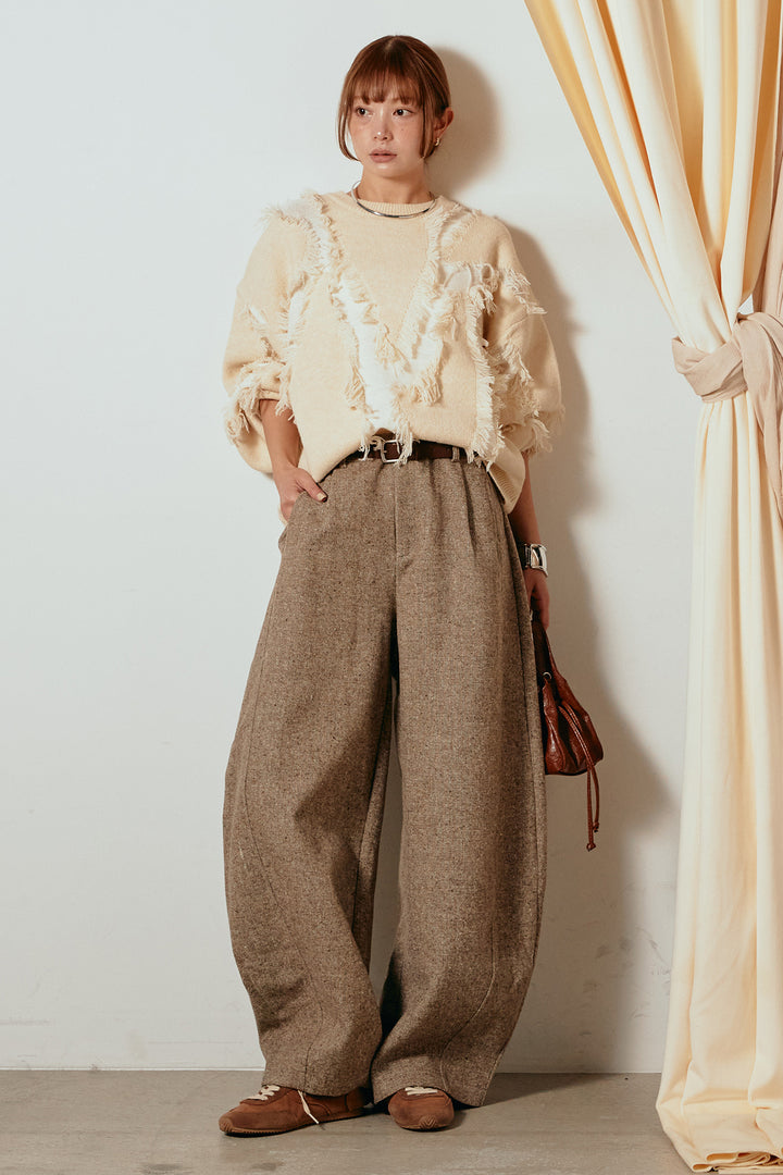 [SET]シャギージャガードニットトップス+ベルト付きネップツイードカーブパンツ(2set)