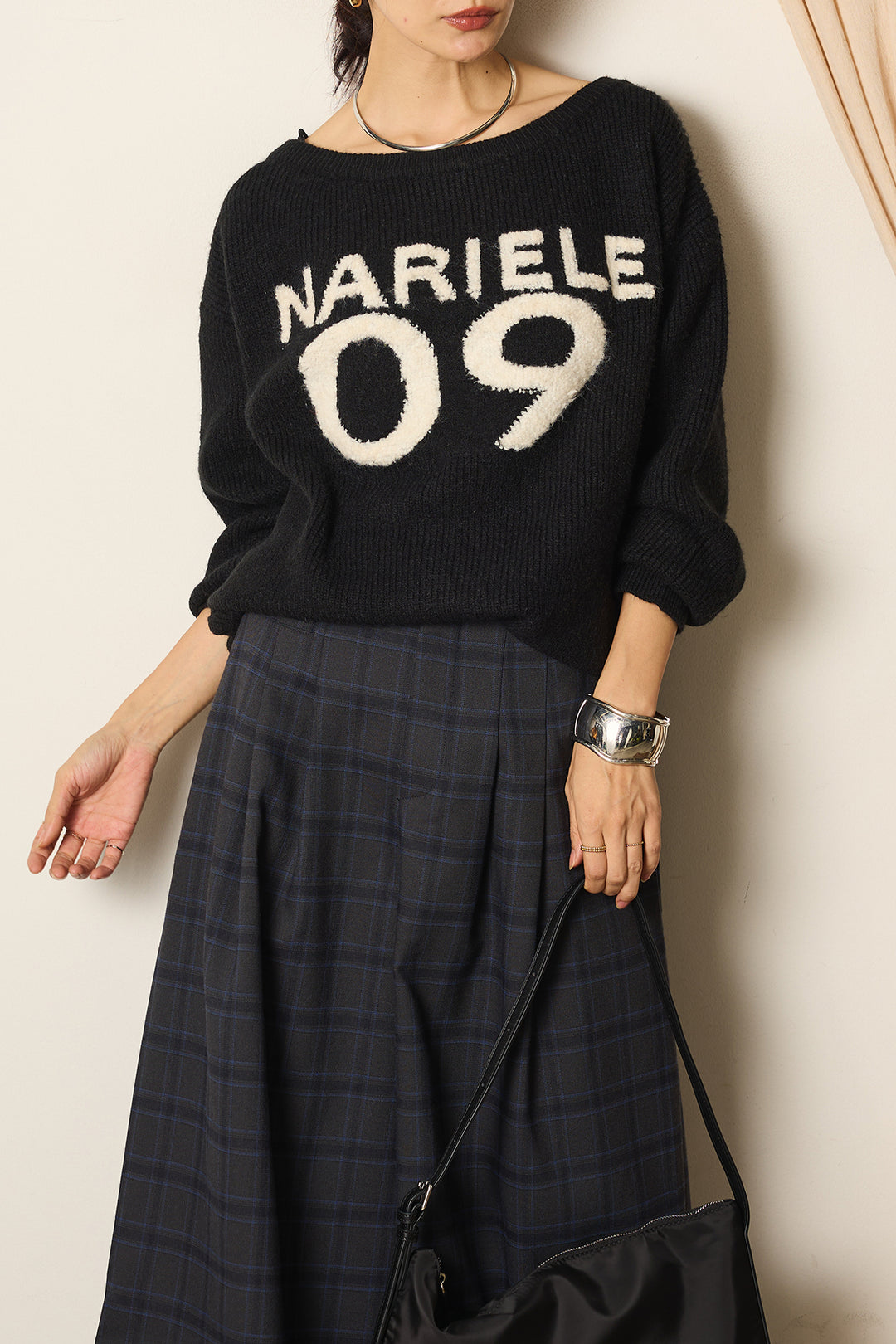 [SET]フロントロゴニットトップス+タータンチェック柄くすみワイドパンツ(2set)