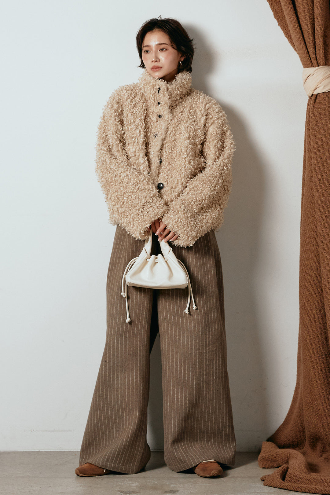 [SET]プードルファーミドルジャケット+ウールライクストライプパンツ(2set)