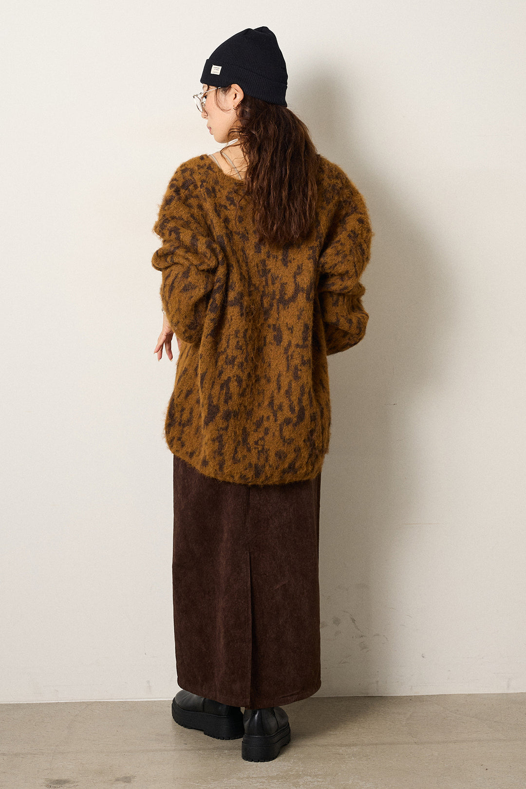 [SET]フラッフィーレオパードシャギーニット+ロープベルト付きスウェード調スカート(2set)