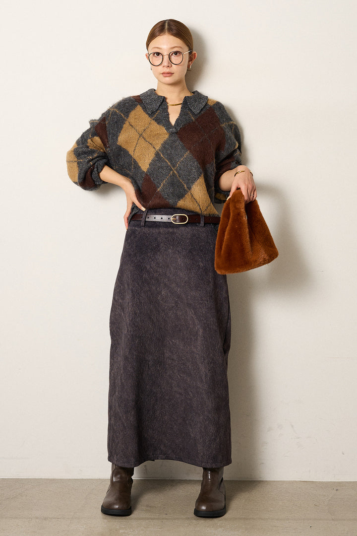 [SET]アクリルモヘアアーガイルキーネックプルオーバー+ロープベルト付きスウェード調スカート(2set)