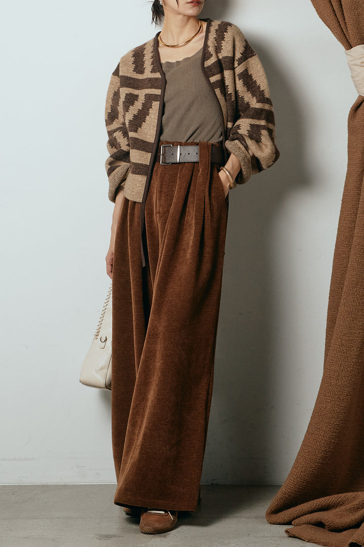[SET]ノーカラー幾何学模様アウター+ベルトループコーデュロイワイドパンツ(2set)