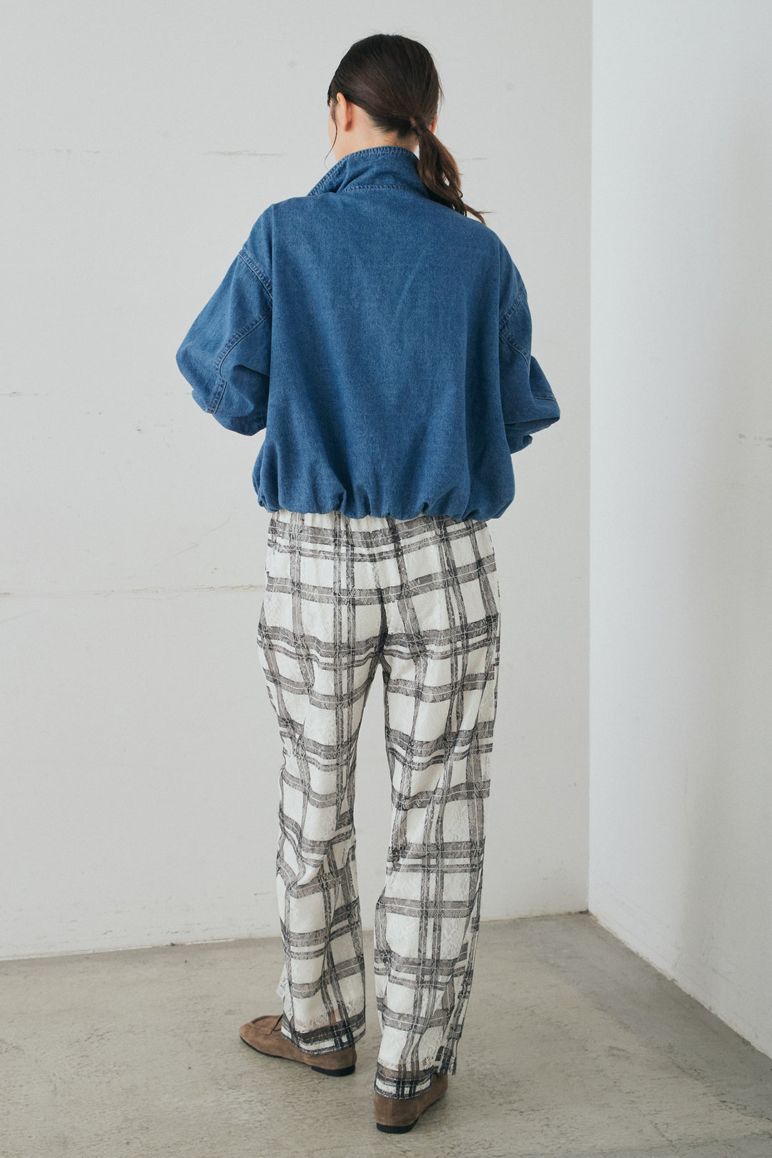 [SET]スタンドカラーデニムブルゾンジャケット+レースチェックワイドイージーパンツ(2set)