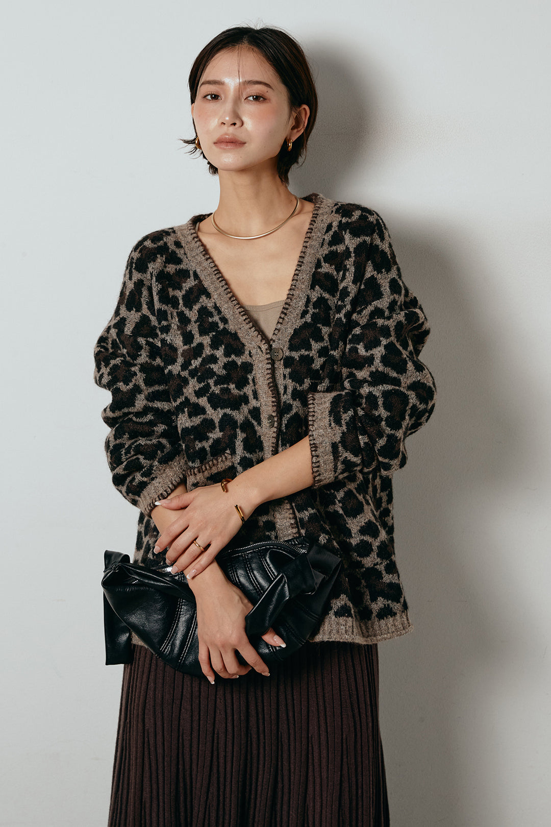 [SET]ステッチデザインレオパードニットカーディガン+リブニットフレアスカート(2set)