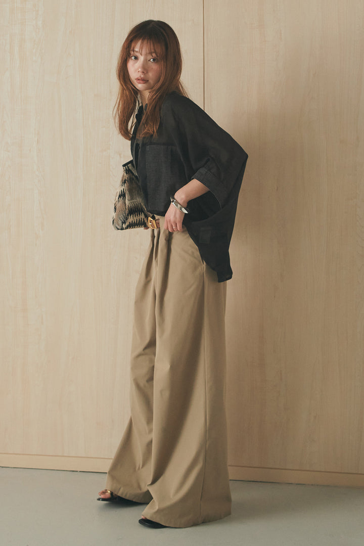 [SET]デニムライクビッグツーポケシアーシャツ+ベルトループデザインハイウエストタックパンツ(2set)