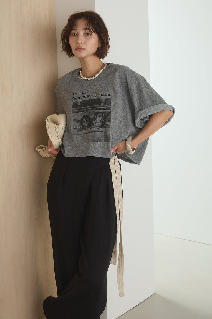 [SET]グラフィックサムデイワイドクロップドT+異素材ベルト付きラップ風ニュアンスワイドパンツ(2set)