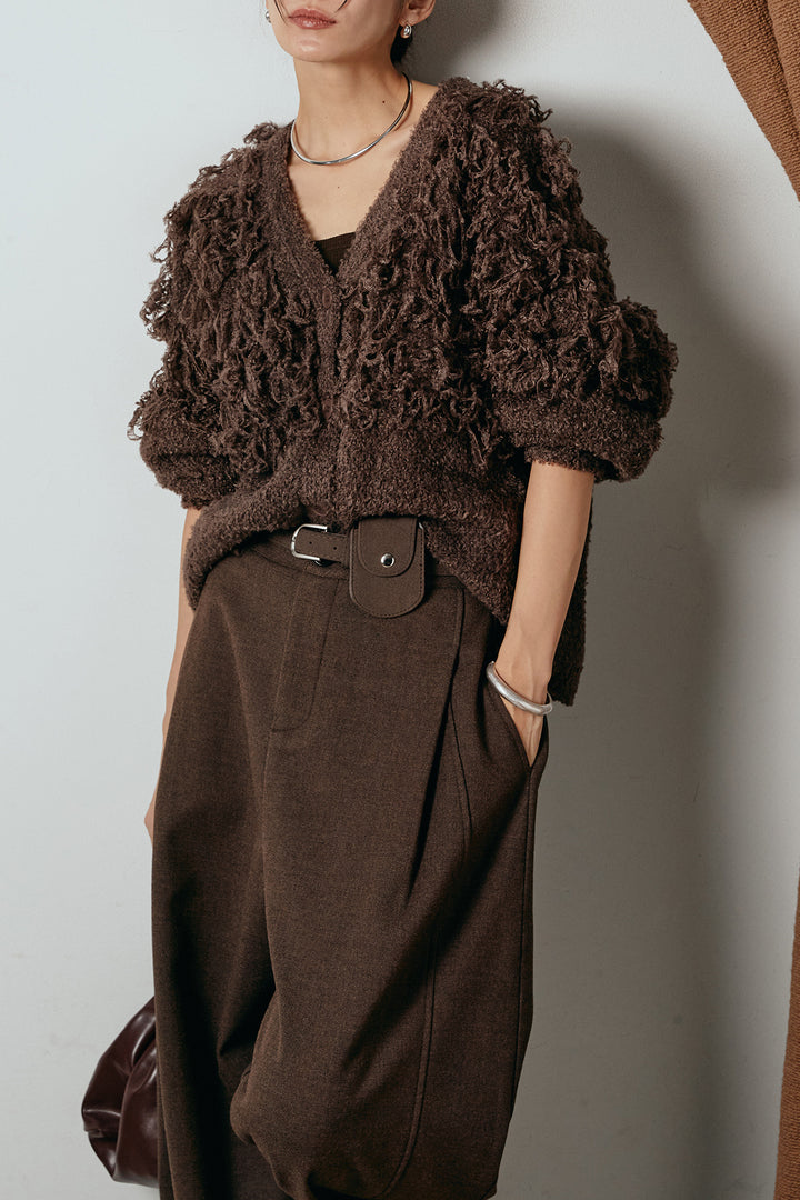 [SET]ループ編みVネックニットカーディガン+ポーチベルト付きカーブパンツ(2set)