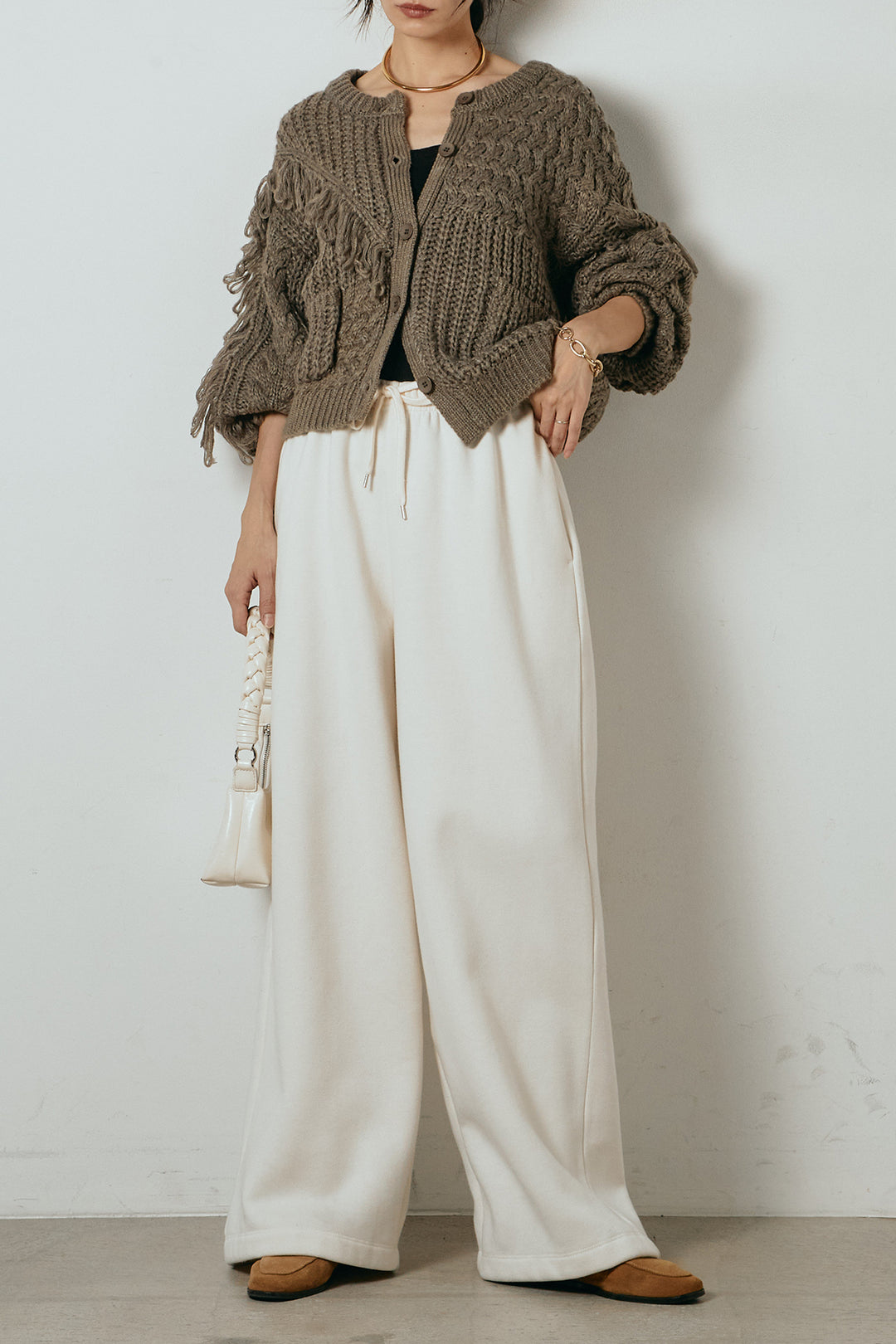 [SET]ランダムフリンジニットカーディガン+裏起毛スウェットワイドパンツ(2set)
