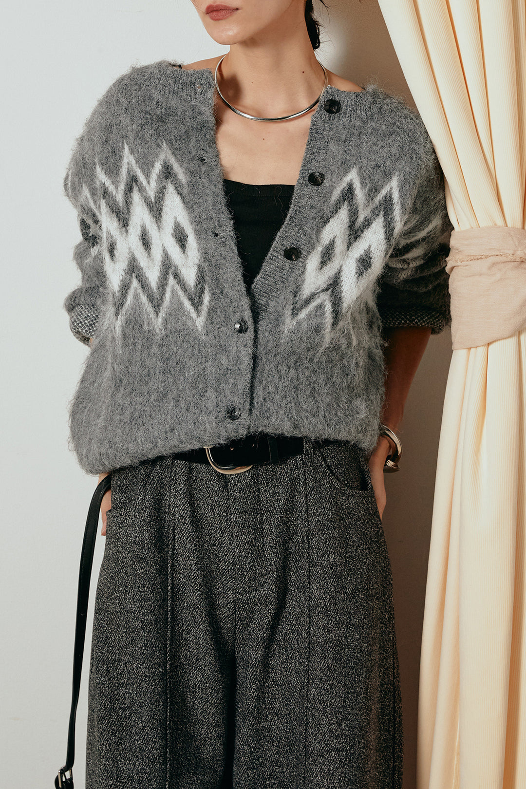 [SET]起毛ノルディック柄ニットカーディガン+太ベルト付きツイードワイドパンツ(2set)