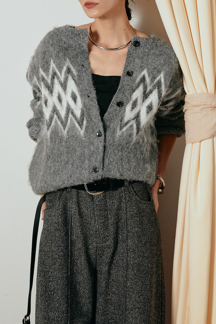 [SET]起毛ノルディック柄ニットカーディガン+太ベルト付きツイードワイドパンツ(2set)