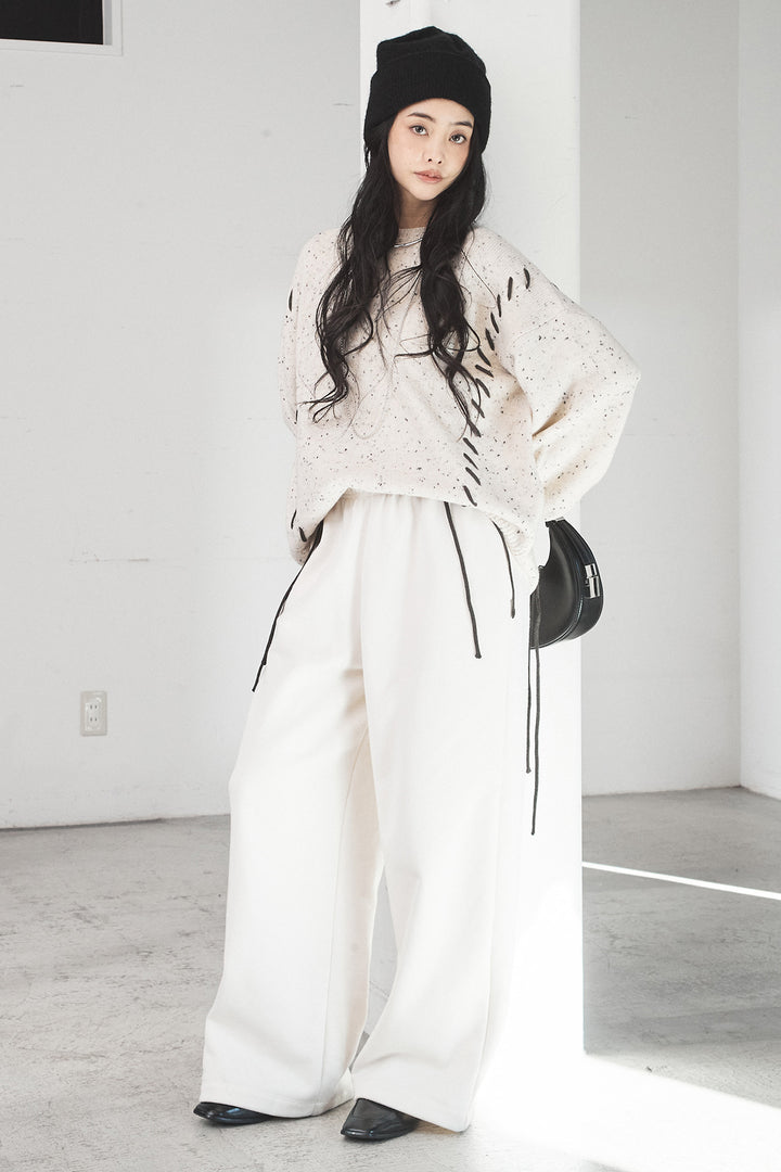 [SET]ネップ編み上げニットトップス+裏起毛スウェットワイドパンツ(2set)