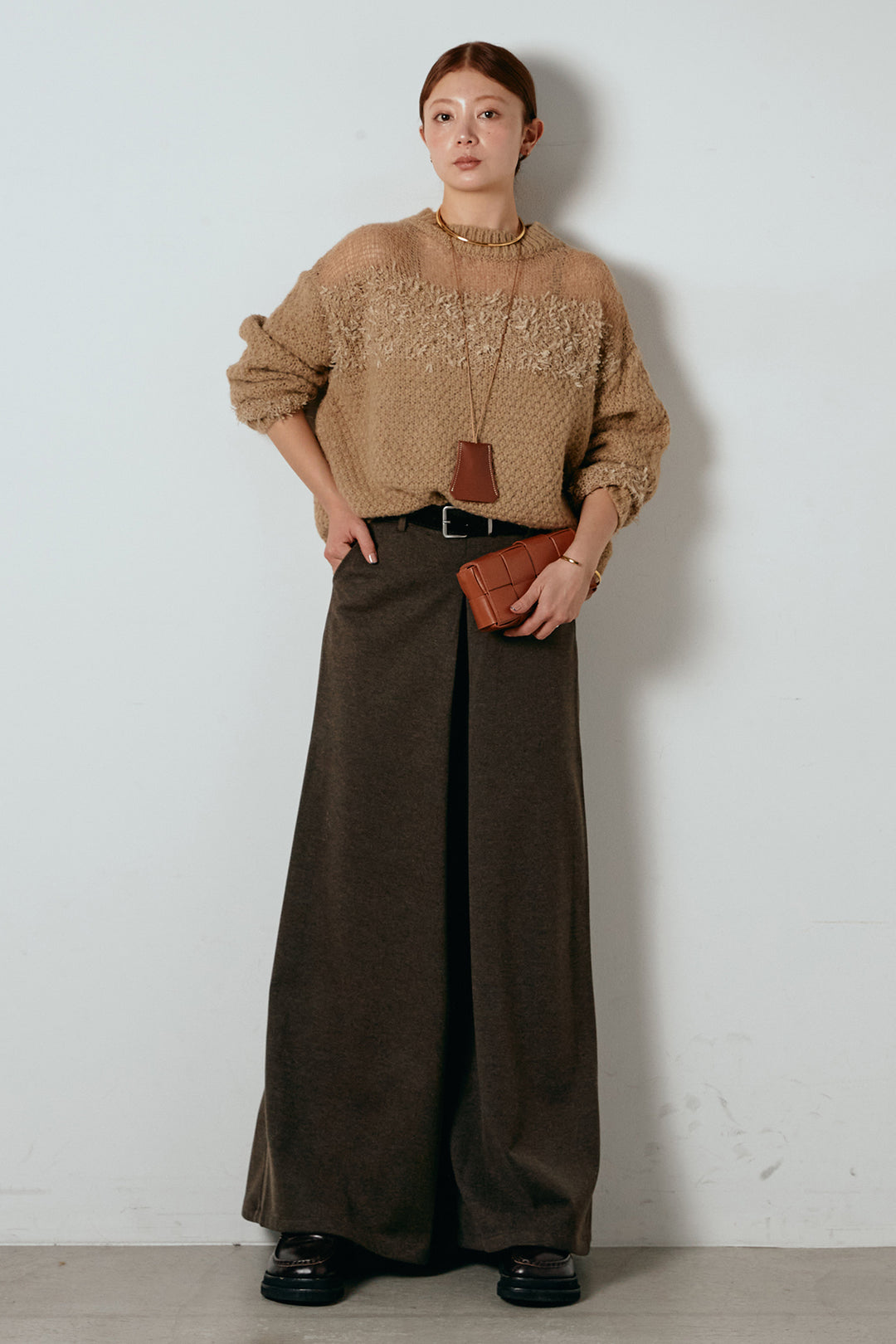 [SET]パターンランダム編みニットトップス+ベルト付きフロントタックデザインパンツ(2set)