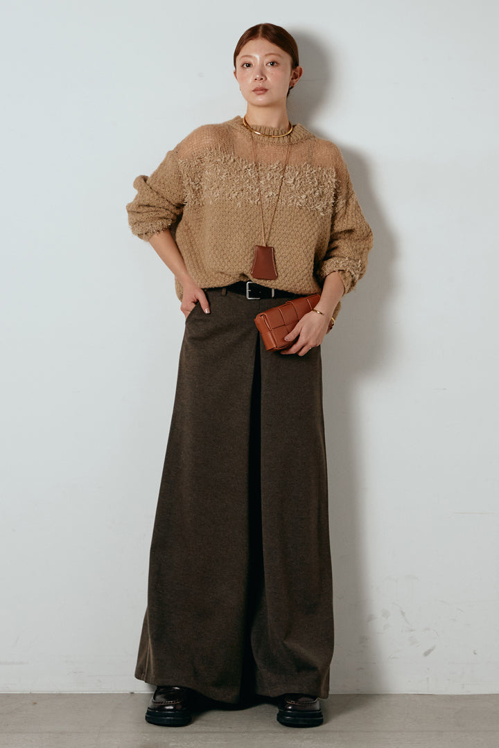 [SET]パターンランダム編みニットトップス+ベルト付きフロントタックデザインパンツ(2set)