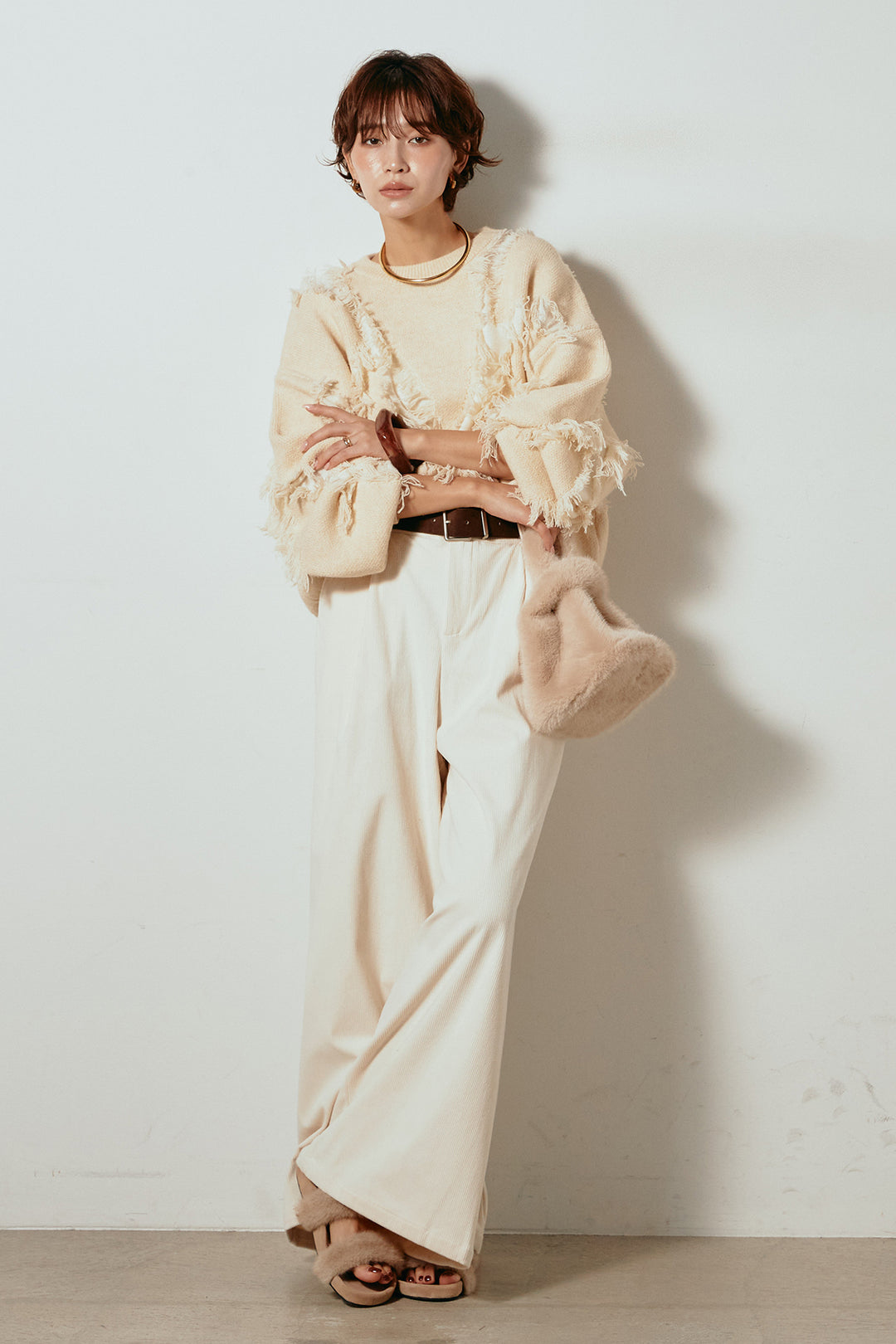 [SET]シャギージャガードニットトップス+太ベルト付きコーデュロイタックパンツ(2set)