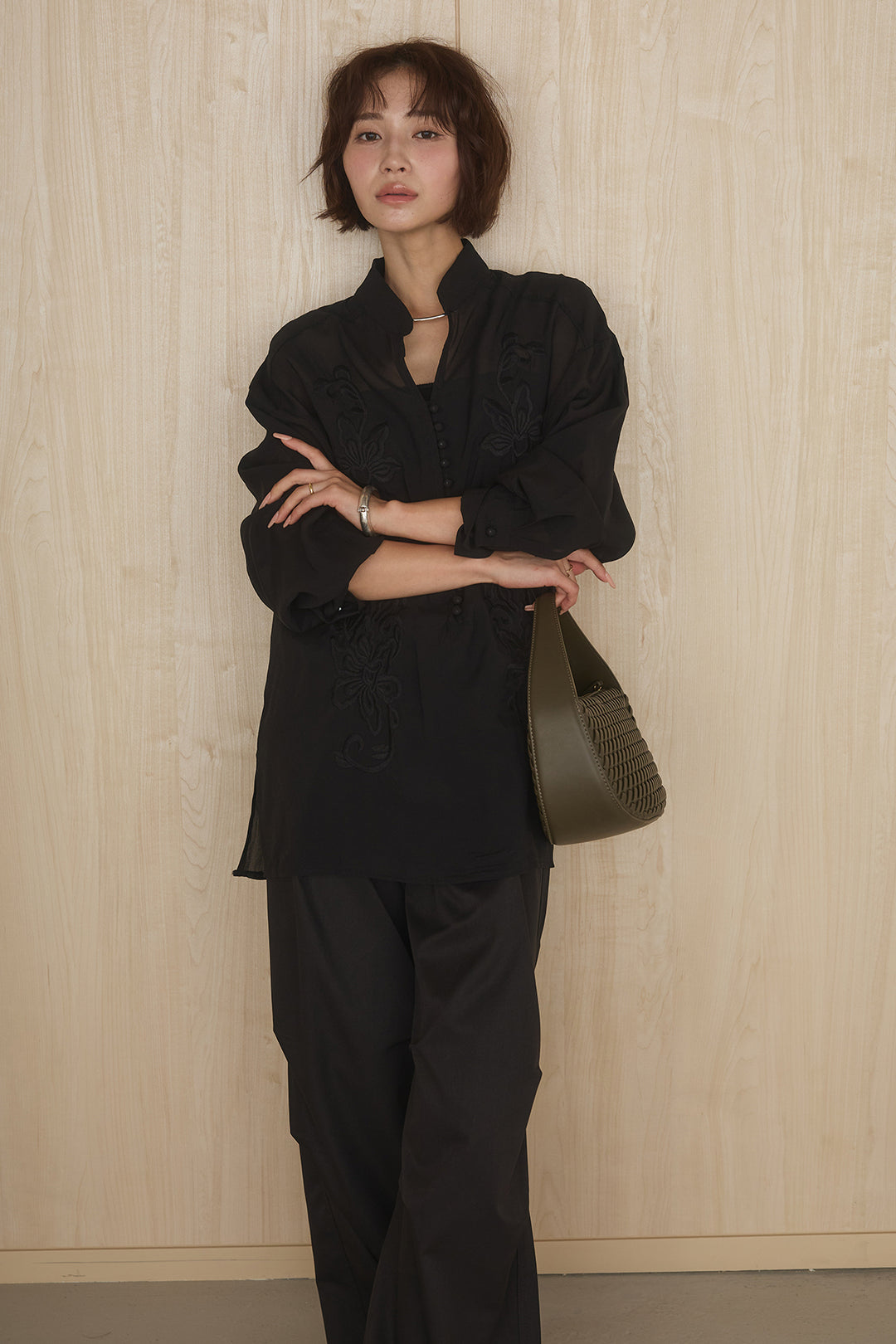 [SET]フロントボタンニュアンス柄ブラウス+ニーサイドタックウエストドロストパンツ(2set)