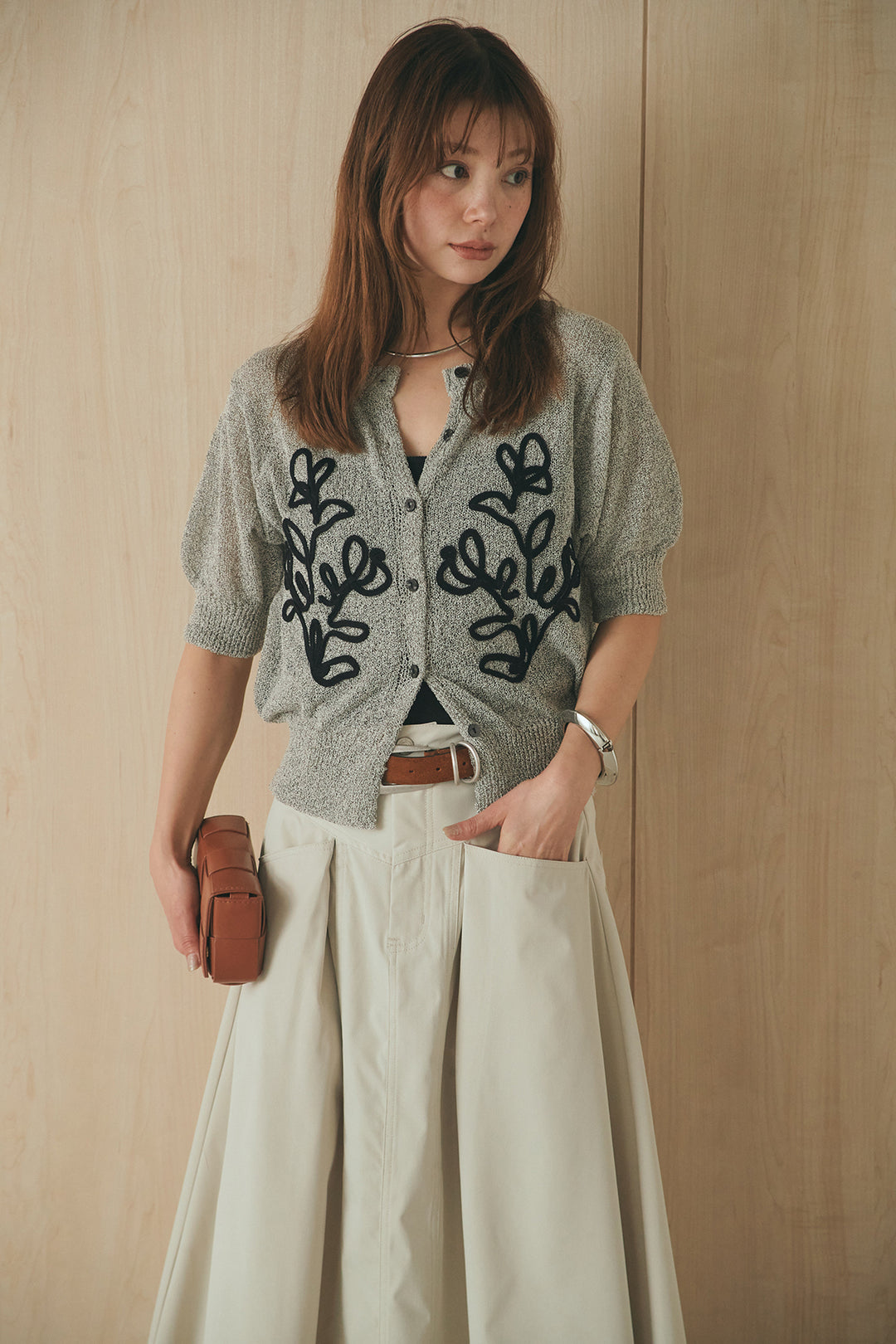 [SET]フロントテープデザイン半袖カーディガン+ミリタリーツイルタックフレアスカート(2set)