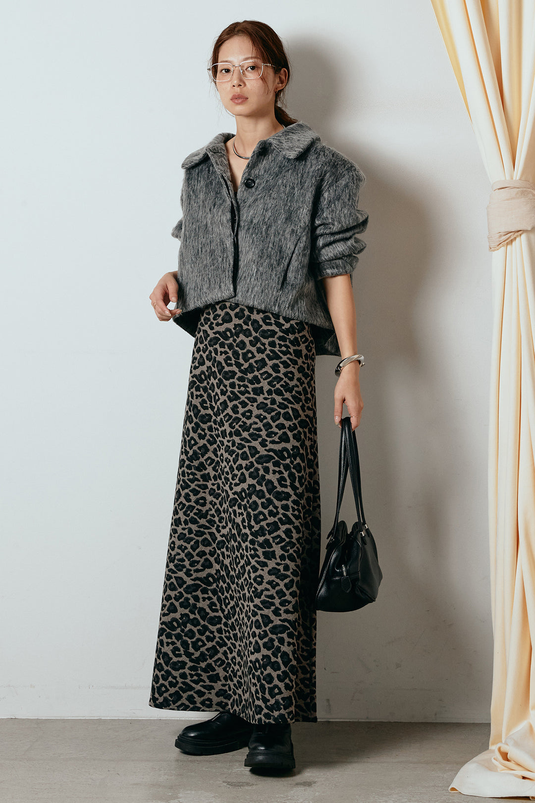 [SET]シャギーショートジャケット+レオパードロングスカート(2set)