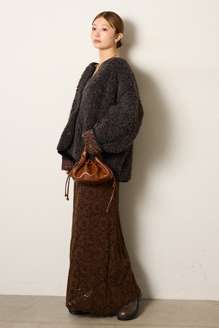 [SET]ノーカラー裏地レオパードボアアウター+花柄刺繍ベロアフレアスカート(2set)