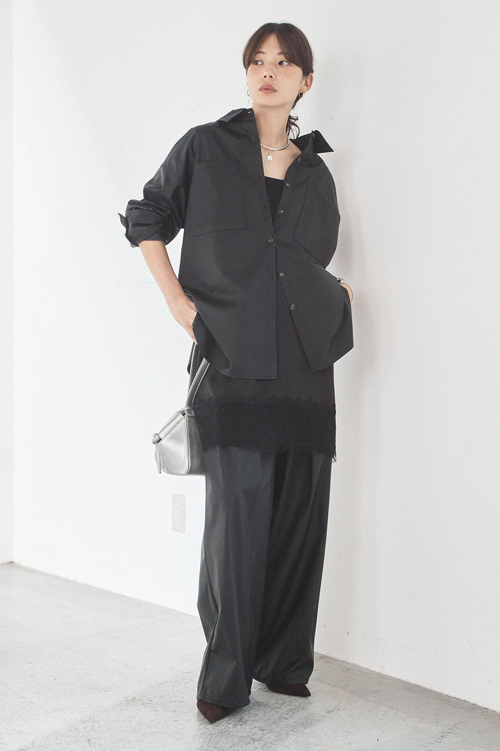 [SET]ウォッシャブルエコレザービックカフスシャツ+ウォッシャブルエコレザータックパンツ(2set)