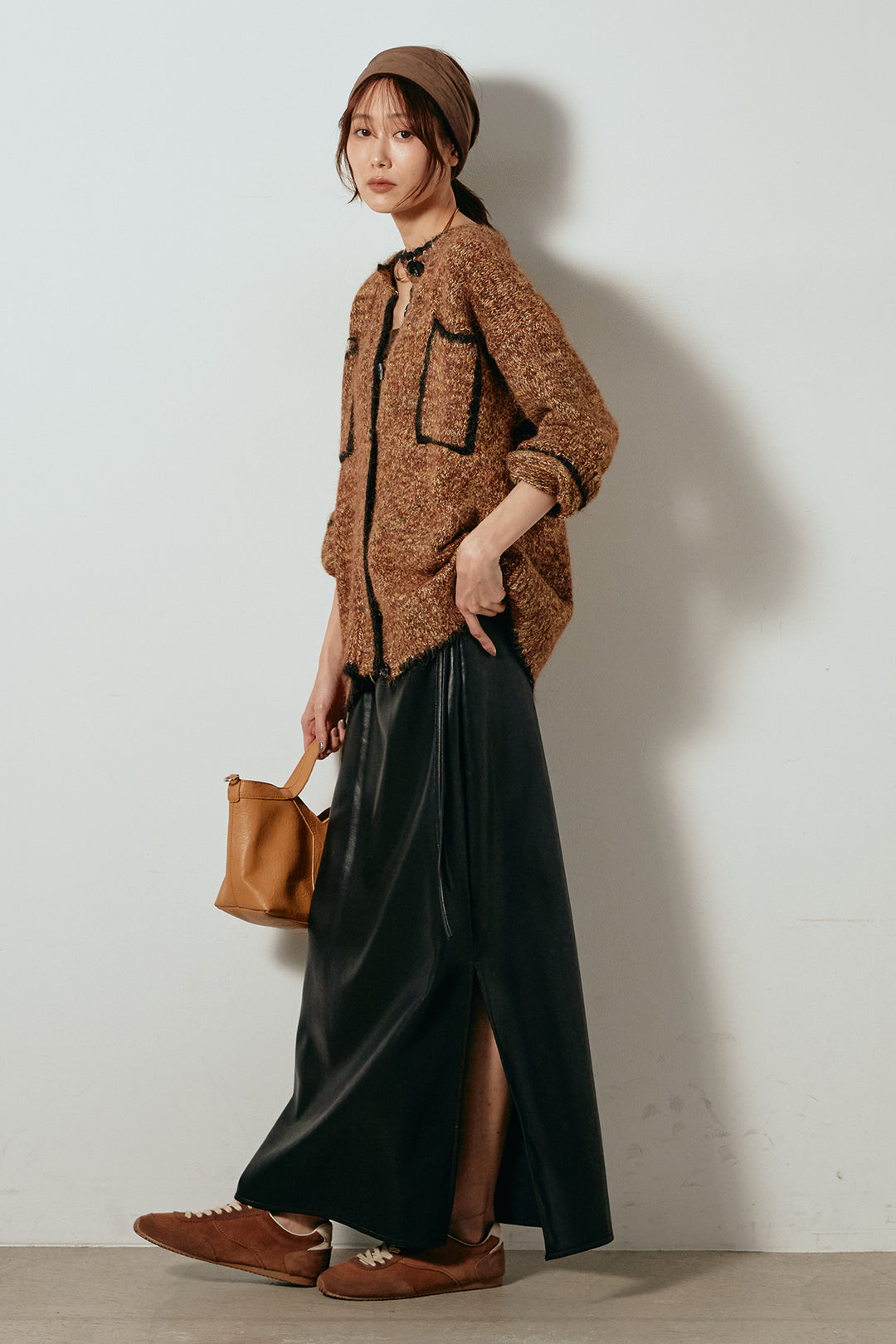[SET]ミックスニットポケットカーディガン+紐付きフェイクレザーワイドスカート(2set)
