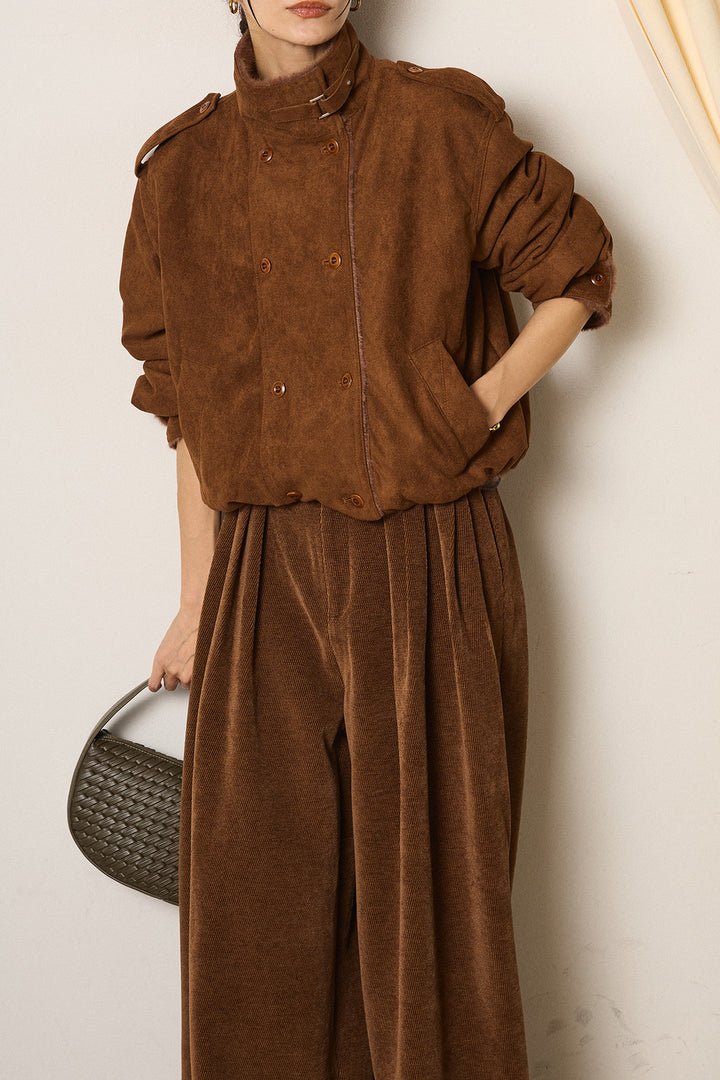 [SET]スタンド襟スウェードライクアウター+ベルトループコーデュロイワイドパンツ(2set)