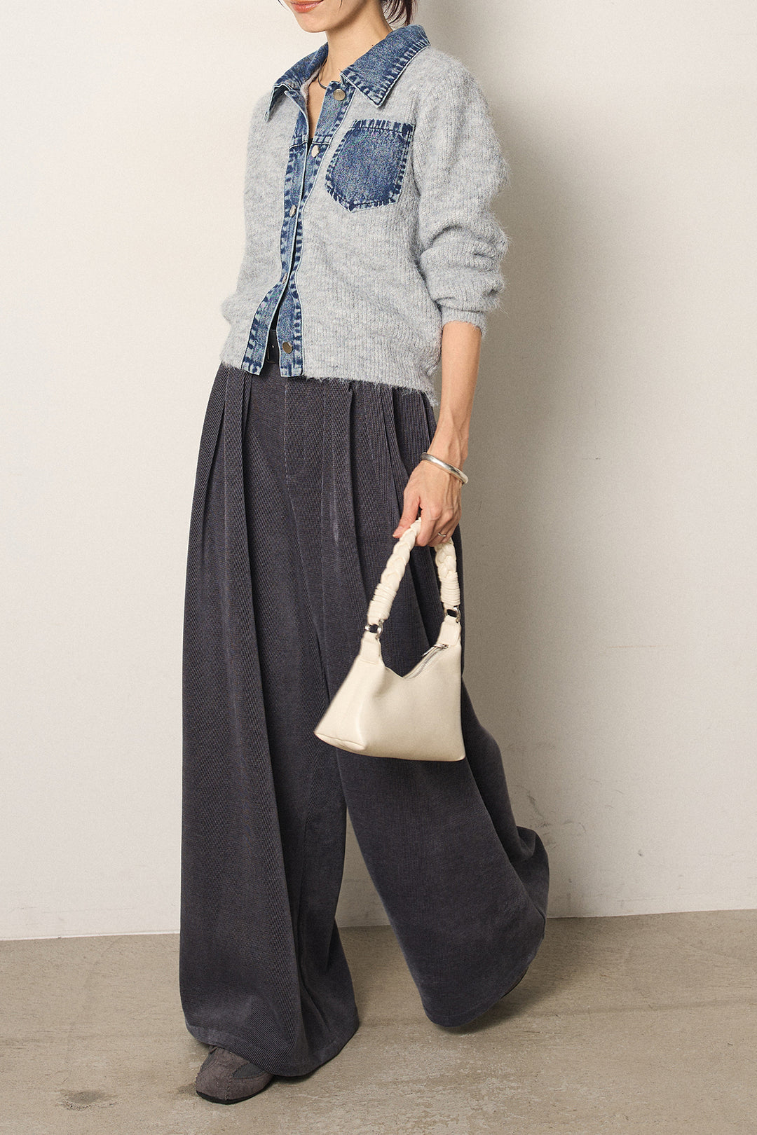 [SET]襟付きデニム切替ニットカーディガン+ベルトループコーデュロイワイドパンツ(2set)