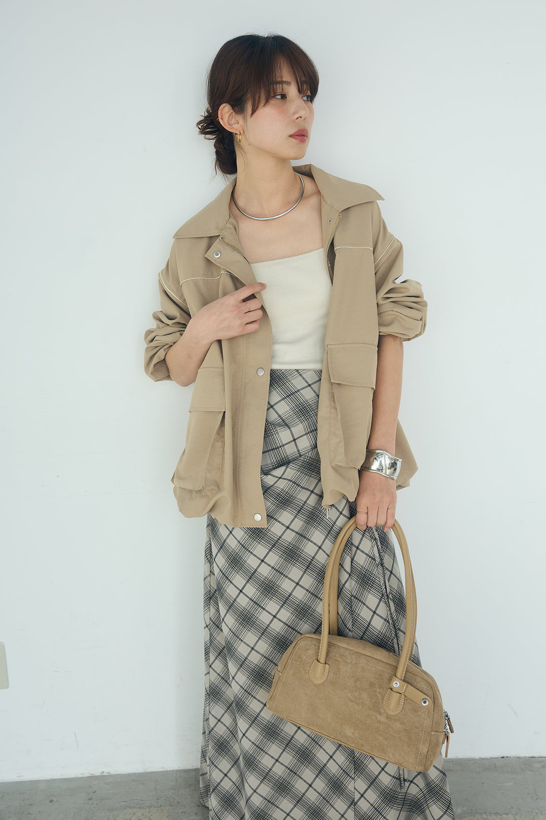 [SET]合繊ツイルバルーンジャケット+タータンチェック柄フロントデザインスカート(2set)