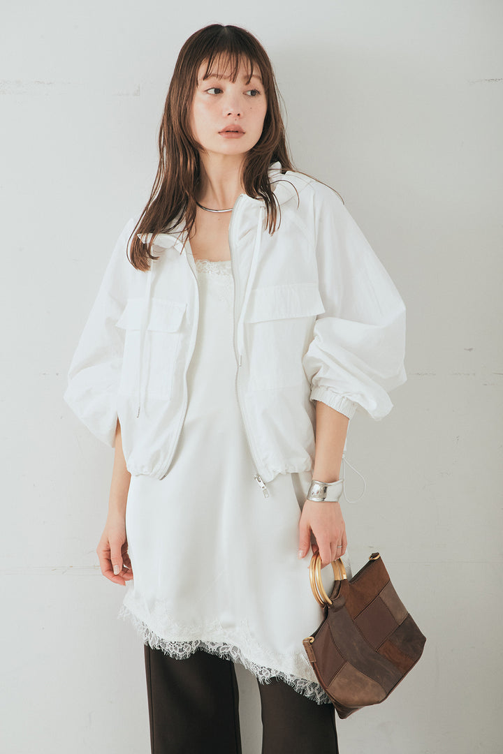 [SET]ナイロンボリュームWジップパーカーブルゾン+サテンレースアシメキャミ+細編みベルト付きパンツ+サテンレースアシメキャミ(3set)