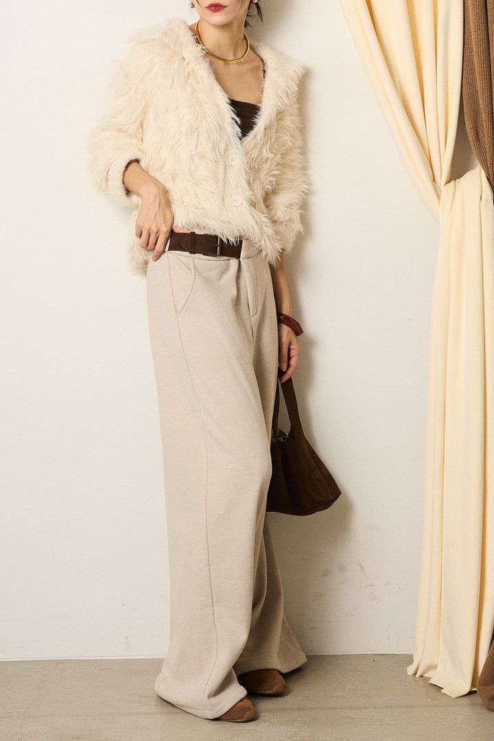 [SET]襟付きシャギーニットカーディガン+サイドベルトパンツ(2set)